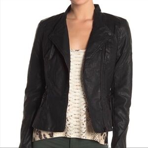 BLANK NYC denim faux leather vegan moto jacket, size S black